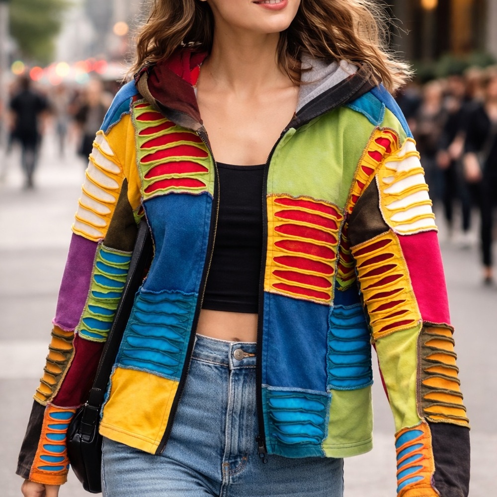 Colorful hippie Hoodie Distressed patchwork Boho Zip Jacket Size S